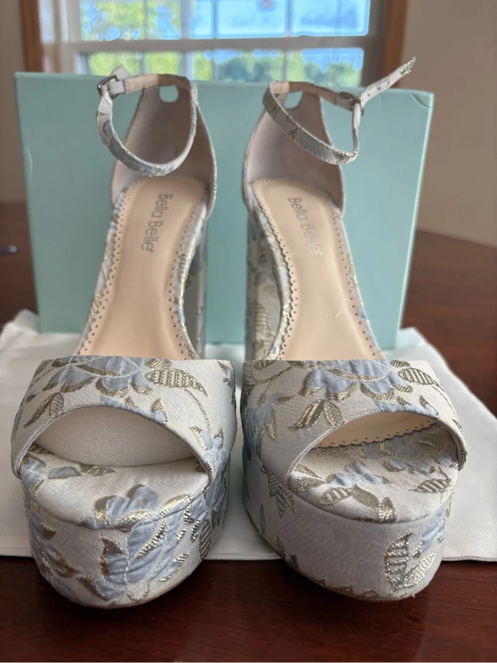 Bella Belle “Catarina” Powder Blue Floral Platform Sandals with Ankle Strap
